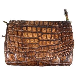 Vintage Crocodile Leather Brown Brass Structured Crossbody Purse Handbag Bag